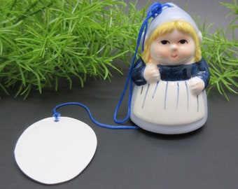 Dutch Girl Bell Wind Chime Figurine Delft Blue White Ceramic Neatherlands Gift Idea Collectible Vintage FREE SHIPPING (121)