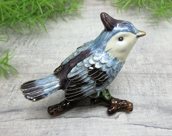 Cloisonné Enamel Blue Bird On Branch Trinket Box Hinged Crystal Rhinestones Gold Tone Metal Jay Wildbird FREE SHIPPING (1422)