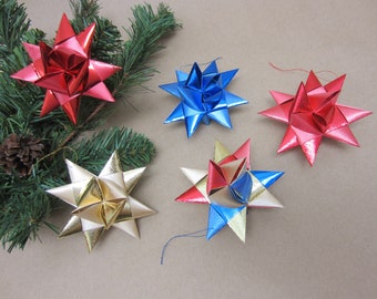 Set of 5 Christmas Ribbon Star Ornaments 3 1/4 Inches Stars Gold Red Blue Metallic Moravian Advent Christmas Danish READY TO SHIP (100)