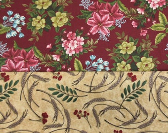 Companion Fabric Bundle (2) 2 Yds Quilting Cotton Burgundy Flowers Floral Beige Wheat Branches Leaves Red Berries Enchanted Forest (197)