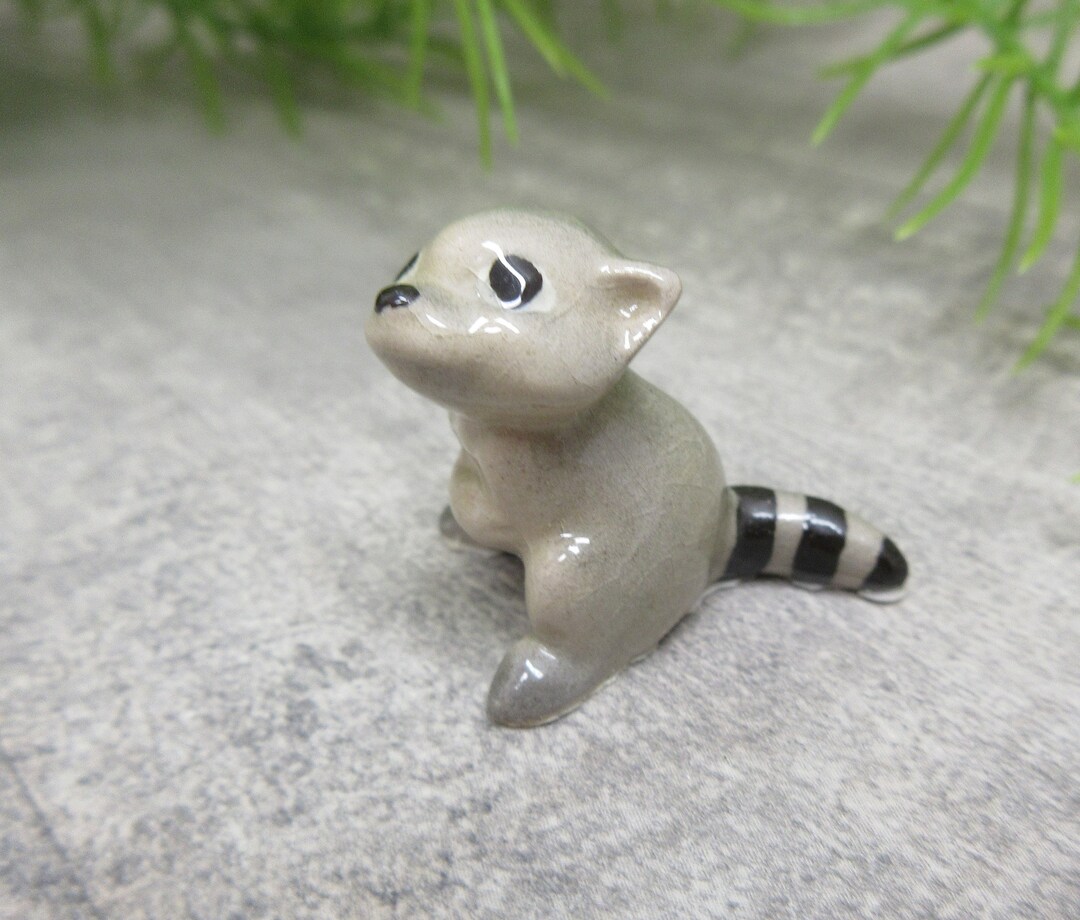 Mini Racoon Figures Miniature Racoon Figurine Porcelain Gray Black Baby Animal Lover Gift ...