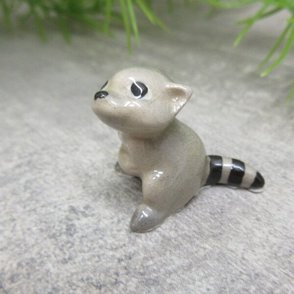 Miniature Racoon Figurine Porcelain Gray Black Baby Animal Lover Gift Idea Cute Collectible Vintage FREE SHIPPING (1321)