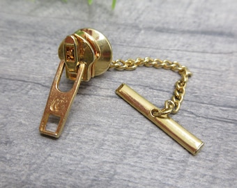 Tie Tack Pin With Chain CC Zipper Pull Gold Tone Metal Vintage FREE SHIPPING (1626)