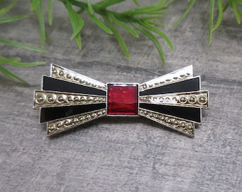 Bow Tie Brooch Red Gold Black Retro Style Vintage Jewelry Gift FREE SHIPPING (1632)