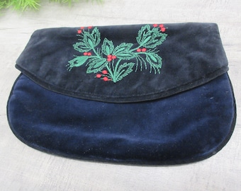 Jeannie Bouchever Folding Clutch Handbag Purse Dark Blue Felt Embroidered Green Red Floral Detail France Vintage FREE SHIPPING (1450)