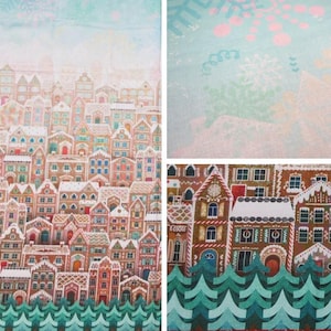 May include: A fabric print featuring a whimsical gingerbread village with colorful houses, snow-covered roofs, and green trees at the base. The background has a light blue gradient with snowflakes and other festive elements.