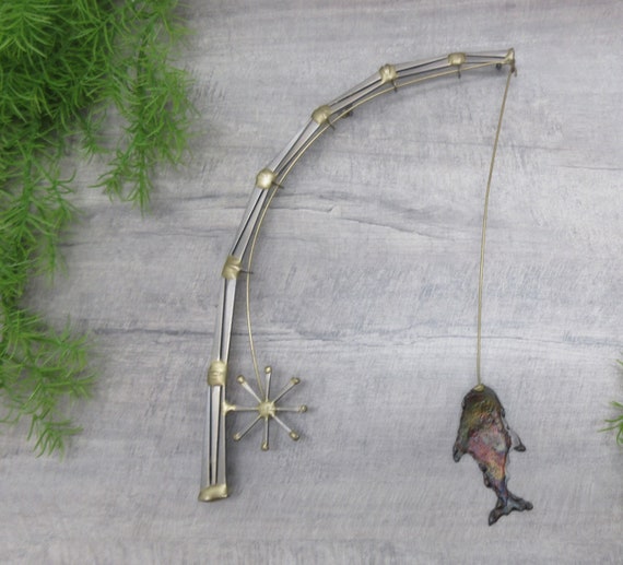 Dangling Fish Hooked on Fishing Line Pole Metal Wall Art Hanging