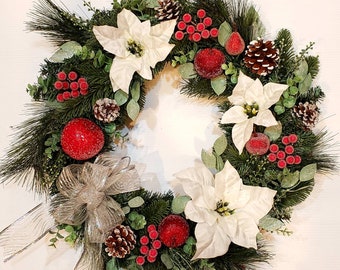 Elegant Christmas wreath Apple,Poinsettia,Christmas wreath,Pine wreath. Artificial floral