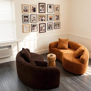 May include: Two curved sofas, one in dark brown and one in tan, are arranged facing each other with a small wooden side table in between. Each sofa features matching throw pillows. The room has white walls with a gallery of framed photos.