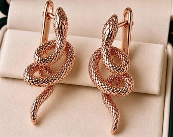 Unique vintage earrings stud dangle drop earrings rose gold finish 14k gold womens jewelry snake earrings gift for her anniversary gift wife
