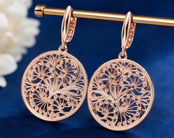 Floral Rose Gold Earrings 14K Gold Plated Vintage Dangle Earrings Elegant Jewelry for Women Floral Gift for Her Wife Anniversary Birthday