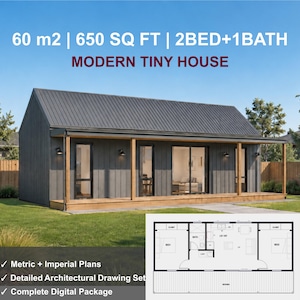 May include: A modern tiny house with dark gray vertical siding, a metal roof, and a wooden porch. Text reads: 60 m2 | 650 SQ FT | 2BED+1BATH MODERN TINY HOUSE. Includes a floor plan showing two bedrooms, one bathroom, and a living area with a deck.