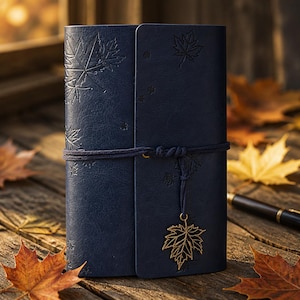 Vintage Leather Spiral Travel Journal, Refillable Maple Leaf Notebook, Kraft Travelers Notebook Sketchbook, Navy Blue Diary Gift