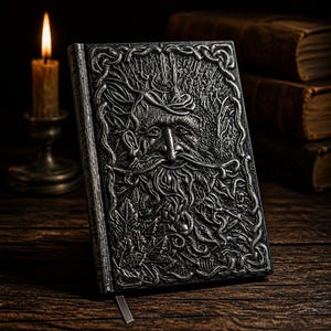 Puede incluir: Un diario rectangular con una cubierta de metal plateado oscuro que presenta un diseño en relieve de un rostro barbudo rodeado de intrincadas enredaderas y patrones de follaje. La cubierta tiene un acabado desgastado y un marcapáginas de tela.