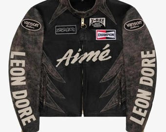 The Aimé Leon Dore Vanson Distressed Cowhide Leather Moto Jacket Champion Fashion Leather Jacket Bomber Jacket gift for him or her
