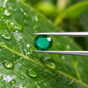 May include: A faceted oval-shaped emerald gemstone held by a pair of silver-toned metal tweezers. The gemstone is a deep, vibrant green color with a polished surface that reflects light, showcasing its clear, multi-faceted cut and structure.