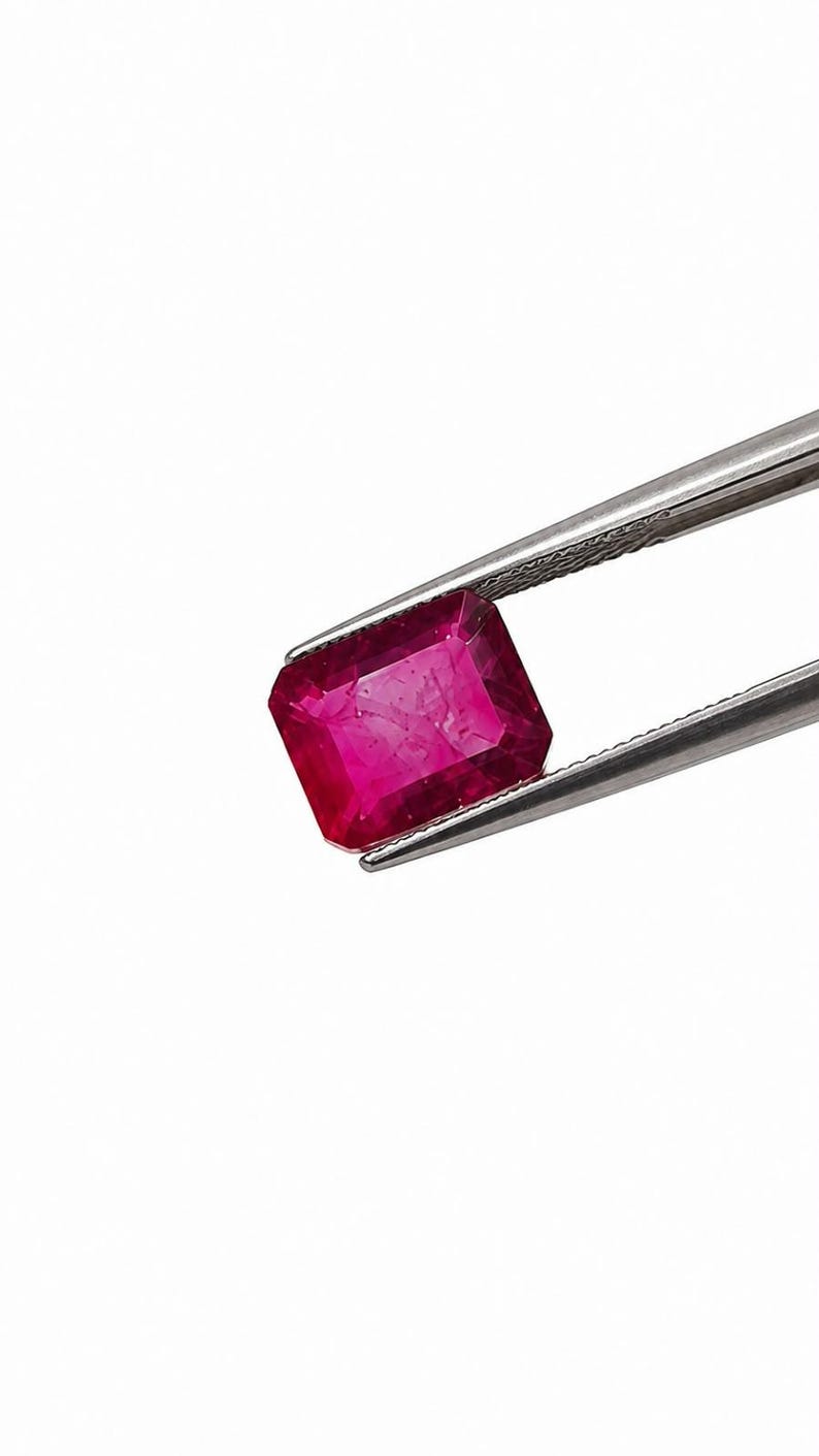 K&ouml;nnte beinhalten: Ein leuchtender, rechteckig geschliffener Rubin mit tiefroter Farbe und sichtbaren inneren Einschl&uuml;ssen, der sicher von einer silberfarbenen Metallpinzette vor einem schlichten wei&szlig;en Hintergrund gehalten wird und seine facettierte Oberfl&auml;che zeigt.