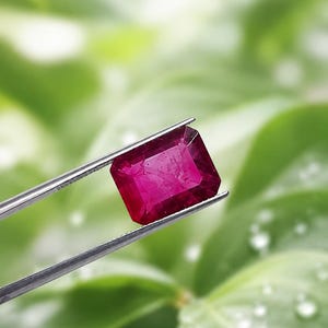 May include: A rectangular, faceted, deep pinkish-red gemstone held by silver-toned metal tweezers. The stone features a clear, polished surface with visible internal inclusions and sharp, geometric edges, showcasing a vibrant, saturated color.
