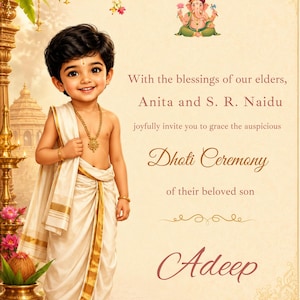 May include: A digital invitation for a Dhoti Ceremony featuring a smiling child in traditional white and gold attire. The text reads: With the blessings of our elders, Anita and S. R. Naidu joyfully invite you to grace the auspicious Dhoti Ceremony of their beloved son Adeep.