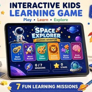 May include: A tablet displaying the Space Explorer learning game with six interactive icons: Math Meteor, Word Rocket, Color Galaxy, Cosmic Animals, Space Puzzle, and Brain Booster. The screen shows 0/7 missions and 0 stars, with space-themed graphics.