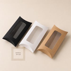 50 Kraft Pillow Gift Boxes with Clear Window | Mini Packaging Boxes for Jewellery, Wedding Favours, Soap, Handmade items & Party Gifts/Favor
