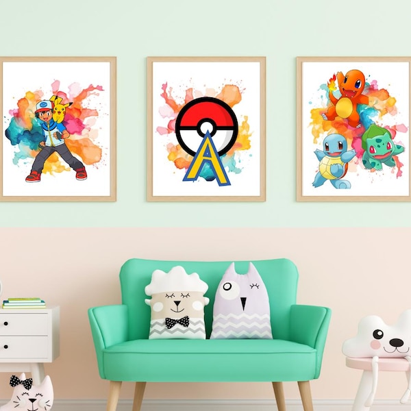 Gepersonaliseerde Pokémon-prints, set van 3, aquarel Pokémon-muurdecoratie, kinderkamer, Pikachu, Charmander, Squirtle, Bulbasaur, prints voor de speelkamer
