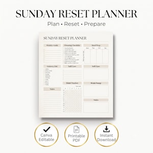Sonntags-Reset-Planer-Vorlage | Wochen-Reset-Planer | Bearbeitbares, druckbares PDF (Canva) | Sonntagsroutine-Planer | Selbstfürsorge-Planer