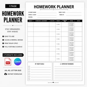 Homework Planner Template | Editable Canva Homework Tracker | Printable Student Assignment Planner PDF | School Organizer