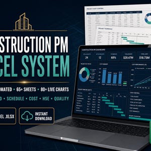 May include: A laptop displaying a Construction PM Excel System dashboard with charts and project data. Text includes "CONSTRUCTION PM EXCEL SYSTEM", "FULLY AUTOMATED", "65+ SHEETS", "80+ LIVE CHARTS", "DASHBOARD", "SCHEDULE", "COST", "HSE", "QUALITY", and "INSTANT DOWNLOAD".