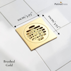 Brushed Gold Square Shower Floor Drain, Solid Brass, Modern Bathroom Tile Insert (10x10 cm)
