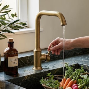 Pode incluir: Uma torneira de cozinha em latão com bica alta e alavanca lateral. A água flui da torneira para uma cesta de arame cheia de cenouras e rabanetes frescos. Uma garrafa de vidro castanho com o rótulo Kitchen Oil e um vaso verde estão próximos.