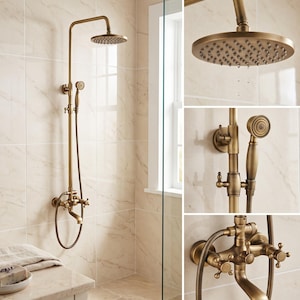 Antique Brass Shower System, Outdoor Shower Fixture, Vintage Exposed Pipe Rain Shower, Farmhouse Tub Faucet Set, Rustic Bathroom Decor