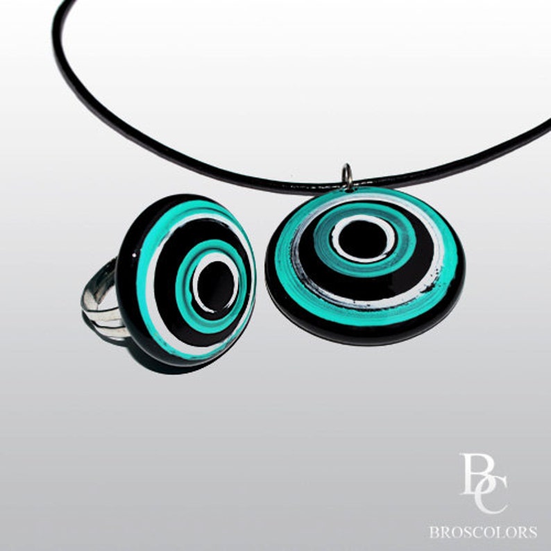 Hand-painted jewelry painted rings Turquoise set colorful Turquoise jewelry Hand painted pendant Clay jewelry set Surgical jewelry