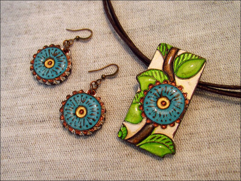 Flower necklace colorful ceramic jewelry Ceramic necklace Turquoise flower earrings Spring gift unique jewelry set multicolor necklace