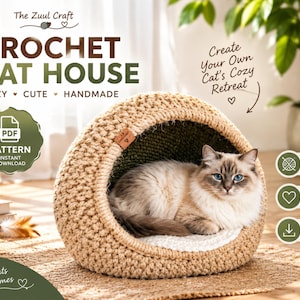 May include: A crochet cat house pattern featuring text that reads The Zuul Craft, Crochet Cat House, Cozy, Cute, Handmade, Create Your Own Cat's Cozy Retreat, PDF Pattern Instant Download, Step-by-Step Instructions, Beginner Friendly, and Happy Cats Happy Homes.