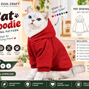 Cat Hoodie Sewing Pattern PDF, Pet Clothes, Kitten Sweatshirt, XS-L Digital Download