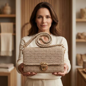 May include: A rectangular beige crochet handbag featuring a textured woven pattern, a matching shoulder strap, and a polished gold-tone metal push-lock closure centered on the front flap. The bag is constructed from a sturdy, neutral-toned yarn.