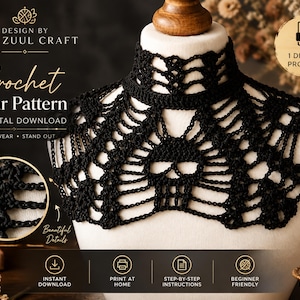 Peut inclure: Un patron de col en crochet noir avec un motif de crâne et des détails en forme de toile. Le produit numérique affiche le texte DESIGN BY THE ZUUL CRAFT, Crochet Collar Pattern, PDF DIGITAL DOWNLOAD, CREATE WEAR STAND OUT et 1 DIGITAL PRODUCT.