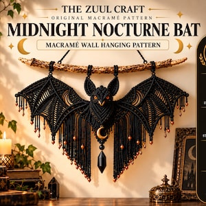 May include: A black macramé wall hanging shaped like a bat, suspended from a textured wooden branch. The design features intricate knotted wings, orange eyes, a gold crescent moon charm, and a black crystal pendant with orange beads.