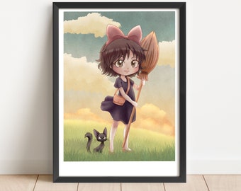 5.25x7.25 Cute Kiki and Jiji - Ghibli Print