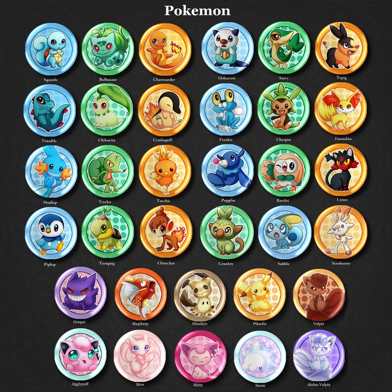 Pu&ograve; includere: Una griglia colorata di 36 pulsanti rotondi con personaggi Pok&eacute;mon. Ogni pulsante presenta un personaggio Pok&eacute;mon diverso, con uno sfondo bianco e un contorno nero. I pulsanti sono disposti in una griglia di sei righe e sei colonne. La parola "Pok&eacute;mon" &egrave; scritta in lettere bianche nella parte superiore della griglia.