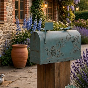 May include: A teal metal mailbox with embossed floral vine patterns and a flag, mounted on a rectangular wooden post. The mailbox features a weathered finish and sits on a stone patio surrounded by lavender plants and terracotta pots.