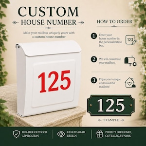 May include: A white metal wall-mounted mailbox featuring the red house number 125 on the front. The image includes text instructions on how to order a custom house number and displays a green rectangular plaque example with the number 125.