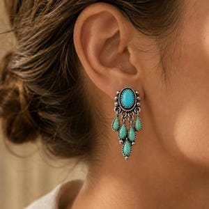 Kingman turkosa hängande örhängen, sterlingsilverörhängen i ljuskrona, bohemiska västerländska smycken, handgjorda turkosa droppörhängen i navajo-stil