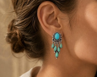 Kingman Turquoise Dangle Earrings, Sterling Silver Chandelier Earrings, Boho Western Jewelry, Handmade Navajo Style Turquoise Drop Earrings