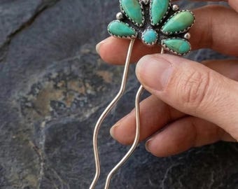 Horquilla para el cabello turquesa de plata de ley, broche para el cabello estilo suroeste, pasador para el cabello bohemio hecho a mano, accesorio para el cabello estilo western, regalo para ella.