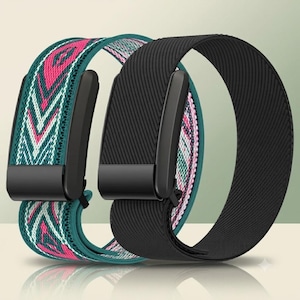 May include: Two elastic watch bands with black plastic connectors. One band features a teal, pink, and white geometric pattern, while the other is solid black with a textured, ribbed surface. Both bands have a flexible, woven fabric construction.