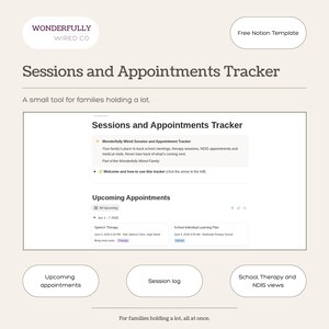 Könnte beinhalten: Eine digitale Notion-Vorlage mit dem Titel Sessions and Appointments Tracker von Wonderfully Wired Co. Die Benutzeroberfläche zeigt anstehende Termine, ein Sitzungsprotokoll sowie Ansichten für Schule, Therapie und NDIS zur Organisation von Zeitplänen.