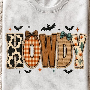 Howdy Western Patchwork PNG, Cow Print Desert Halloween, Rustic Fabric Wordmark, Halloween Shirt PNG, Digital Download