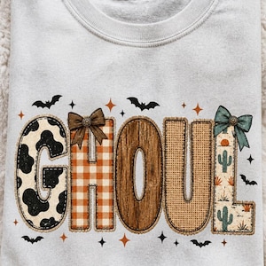 Ghoul Western Patchwork PNG, Cow Print Desert Halloween, Rustic Fabric Wordmark, Halloween Shirt PNG, Digital Download
